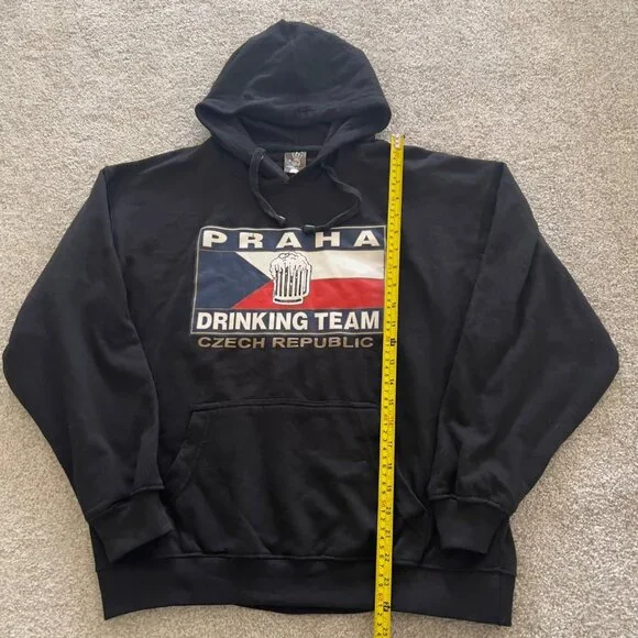 Vintage Praha Drinking Team Czech Republic Graphic Black Hoodie Sweatshirt M - Picture 5 of 6